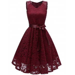 V Neck Lace A Line Sleeveless Dress - Red Wine